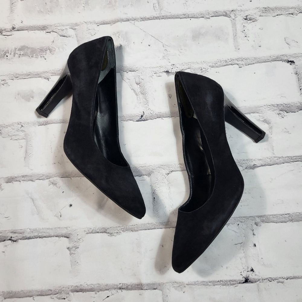 FRANCO SARTO Black Suede Pointed Toe Block Heel Pumps Size 8
